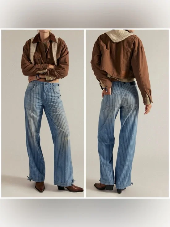 NWOT We the Free People Don't Wait Up Pinstripe Boyfriend Jeans After Hours - 25 - Picture 1 of 17